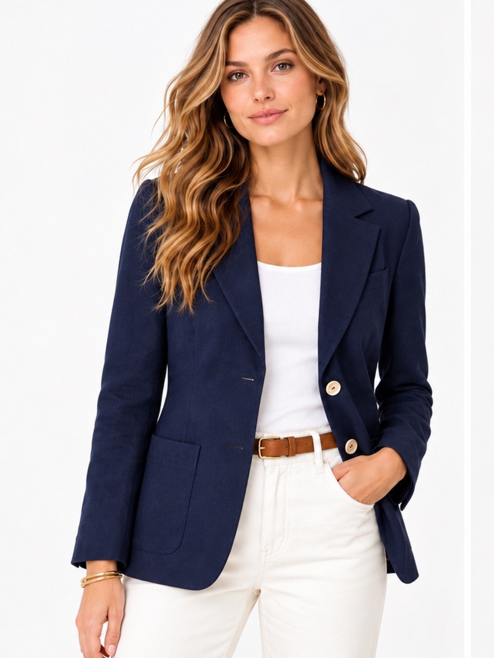 Vintage Sangin & Laine Singh Navy Linen Blend Tailored Blazer Jacket Size 8